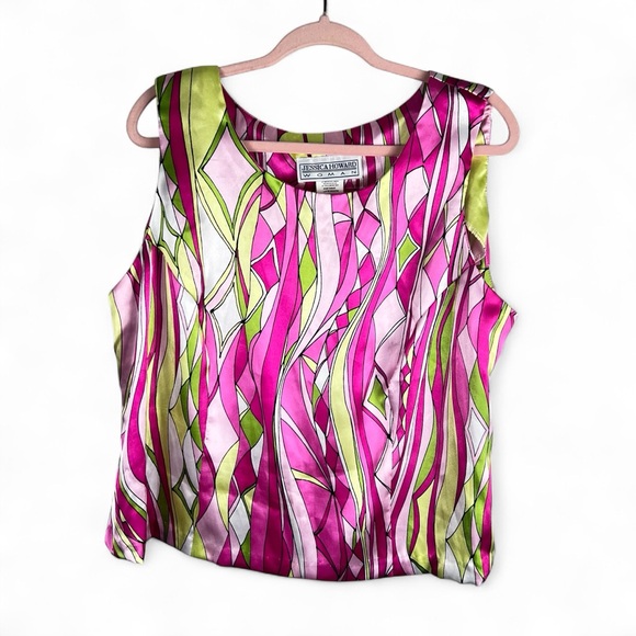 90s Sleeveless Blouse Sz 18W Pink Green Psychedelic Retro Top Jessica Howard - Picture 1 of 6